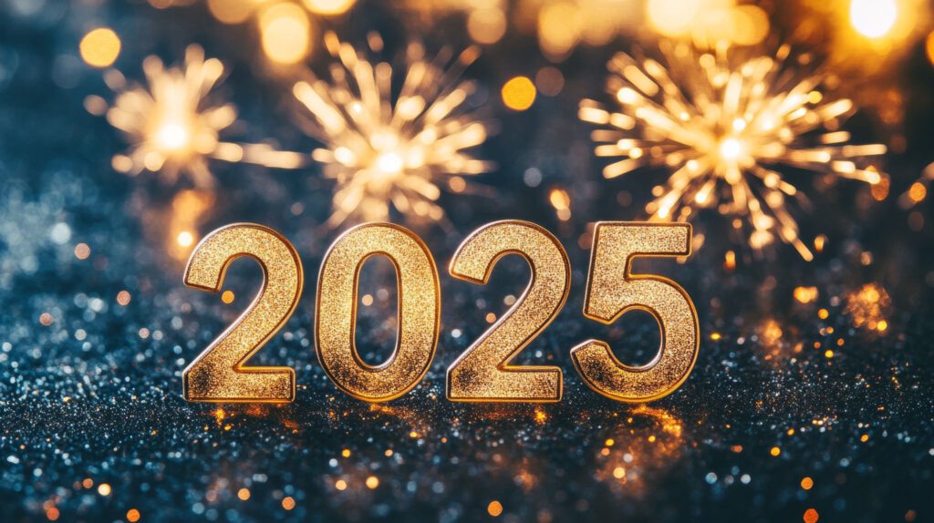 Das Bild zeigt die goldene Jahreszahl "2025" in glänzender, glitzernder Schrift, die im Vordergrund auf einer funkelnden, blauen und goldenen Oberfläche platziert ist. Im Hintergrund sind strahlende, goldene Lichtpunkte und Feuerwerksfunken zu sehen, die eine festliche und glamouröse Atmosphäre schaffen.